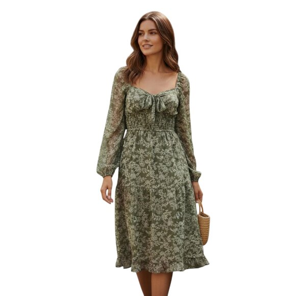 TRIXXI Green Floral Smocked Long Sleeve Midi Dress Square Neck Cottagecore M - Picture 3 of 11